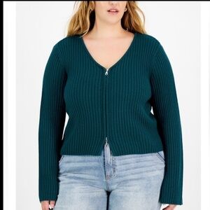 FULL CIRCLE TRENDS Plus Size V-Neck Zip-Up Sweater In Deep Teal Sz 3X…